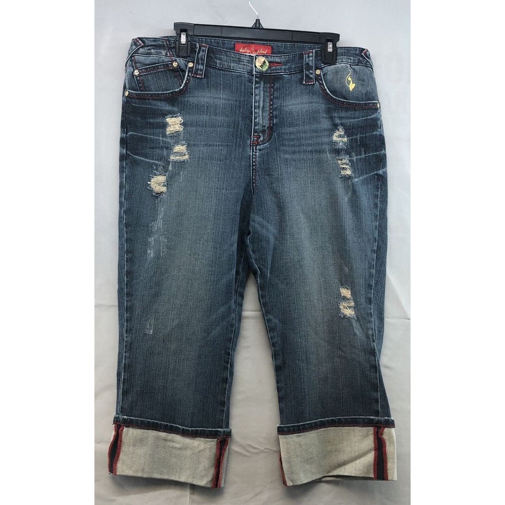 Baby Phat Distressed Medium Wash Denim Capris Straight Leg Size 16 Women Casual